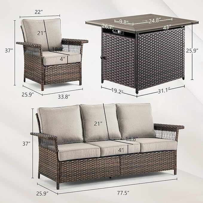 Patio Furniture Set with Fire Pit Table, 4PCS Patio Conversation Set Brown Resin Wicker Patio Chair and Sofa with 43in Rectangular Iron Firepit Table PE Rattan Patio Furniture Set