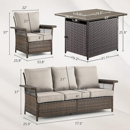 Patio Furniture Set with Fire Pit Table, 4PCS Patio Conversation Set Brown Resin Wicker Patio Chair and Sofa with 43in Rectangular Iron Firepit Table PE Rattan Patio Furniture Set