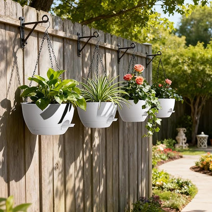 UOUZ 4 Pack 8 Inch Self Watering Hanging Planters for Indoor Outdoor Plants，Hanging Pots for Plants with Drainage Removable Tray, Hanging Baskets Flower Pots for Ivy Pothos Spider Garden Porch White