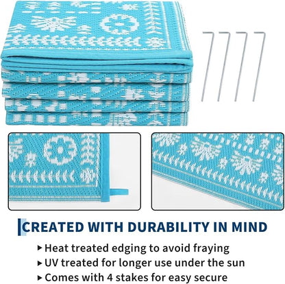 Garvee Reversible Outdoor Rug 8x10 for Patio, Waterproof Outdoor Area Rug, Modern Medallion Indoor Outdoor Rugs, Plastic Straw Rug for RV, Camping, Deck, Vintage Blue