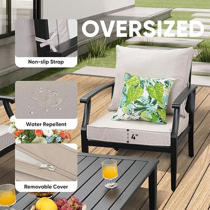 4 Pieces Patio Furniture Set w/loveseat,Coffe Table,Outdoor Conversation Metal Sofa with High Back and Thick Cushion,for Backyard,Garden,Beige