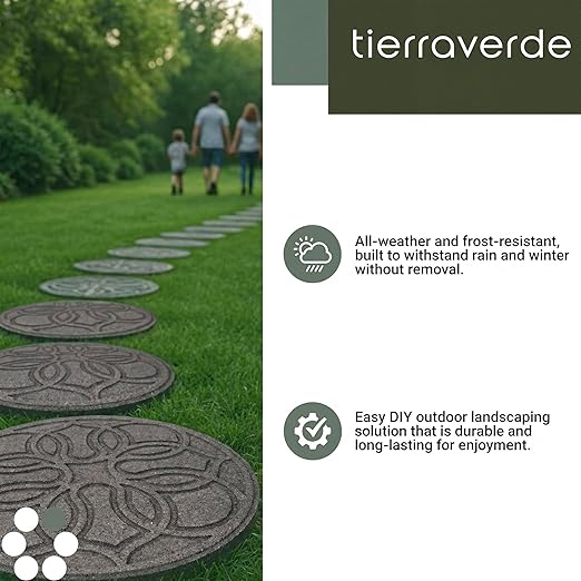 Garden Central TierraVerde 4-Pack 18”x18” Fake Pendant Rubber Stepping Stones, Round, Grey – Reversible Non-Slip Outdoor Faux Decorative Set for Landscaping – DIY Decor for Walkways & Yard Pathways