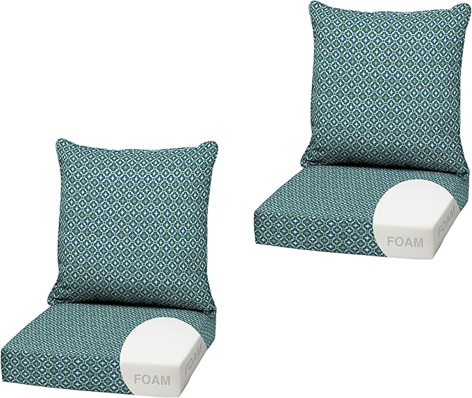 Arden Outdoor Foam Deep Seat Cushion (2-Pack), 22x24, Premium High-Density Foam, Never Flattens, Weather-Proof for Patio Chair Sofa Couch, Alana Tile