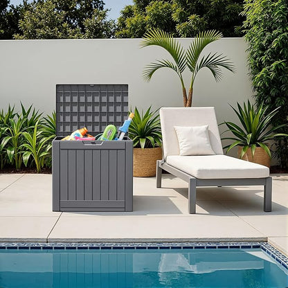 Flamaker Resin Deck Box 40 Gallon Waterproof Outdoor Indoor Storage Box Imitation Wood Resin for Patio Furniture Garden Tools and Pool (Gray)