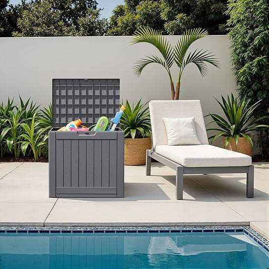 Flamaker Resin Deck Box 40 Gallon Waterproof Outdoor Indoor Storage Box Imitation Wood Resin for Patio Furniture Garden Tools and Pool (Gray)