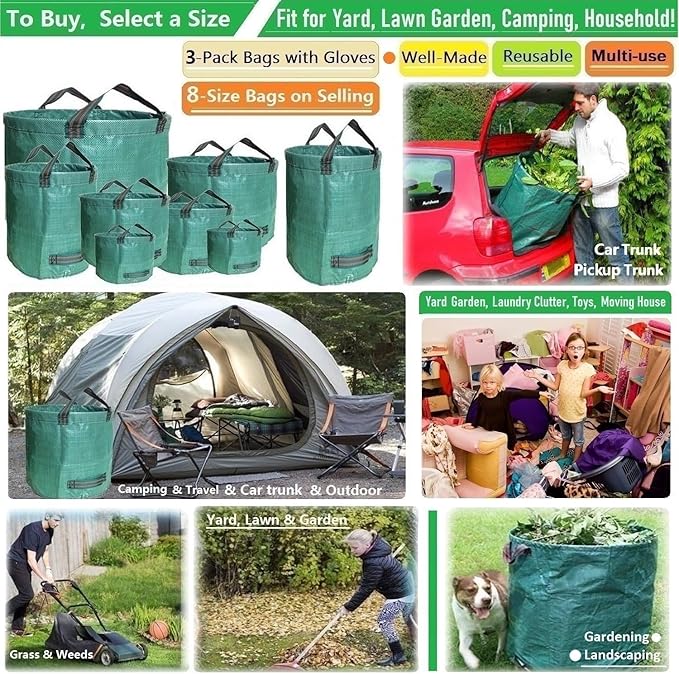 Standard 3-Pack 16 Gallons Yard Garden Bags (D18,H15 inch) W/Gardening Gloves, Reusable Leaf Bags,Grass Clippings,Lawn Debris Bag,Laundry Container,Patio Trash Bin,Yard Waste Bags,Weeds Bag 4 handles