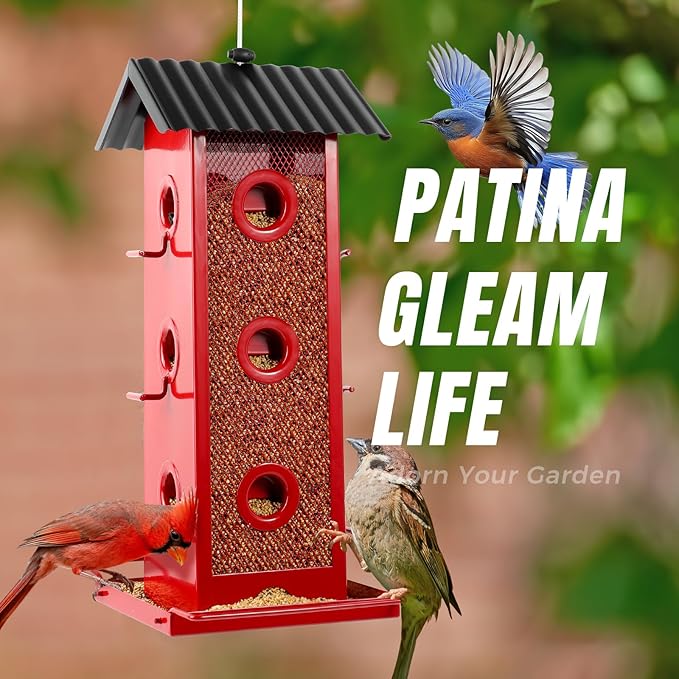 Squirrel-Proof Bird Feeder for Outdoors Hanging | 14-Port Multi-Bird Viewing | All Metal, Waterproof & Easy-Clean | Attracts Cardinals, Finches, Chickadees & More (Elegant Red & Black)