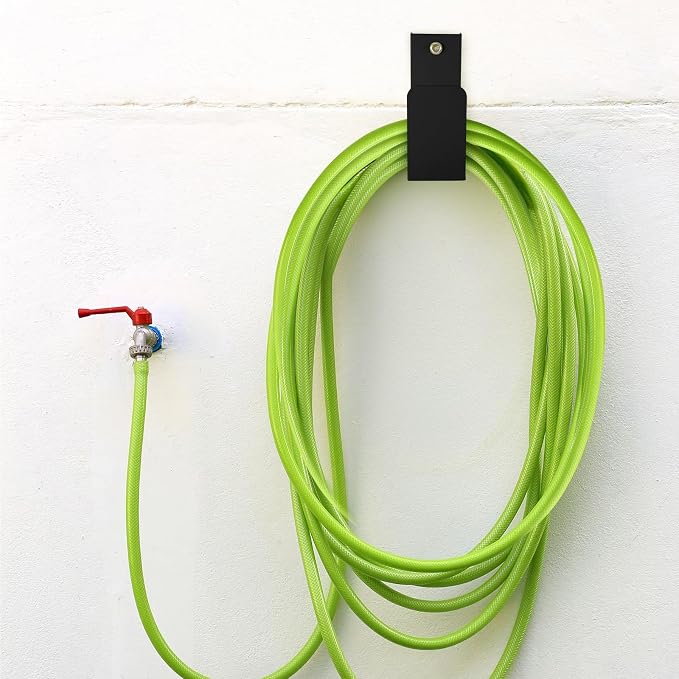 CroBlissful Garden Hose Holder Wall Mount Garden Water Hose Hanger Metal Line Hanger Holds Over 100' Heavy Duty Bracket for Outside Expandable Extension Cords Ropes Holder (Black)