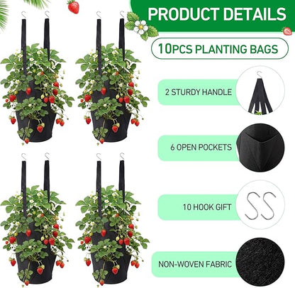 SATINIOR 10 Pack Upside Down Strawberry Planter Set Hanging Vegetables Grow Bags with 10 S Hooks, 3 Gallon Fabric Planting Bags for Easy Vertical Gardening(Black)