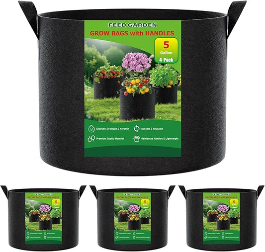 FEED GARDEN 5 Gallon Grow Bags 4 Pack – 300G Non-Woven Thickened Fabric Plant Pots with Reinforced Handles, Breathable Drainage Planters for Vegetables, Flowers & Herbs Indoor Outdoor