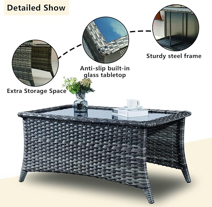 Outdoor Patio Wicker Furniture Set - 6 Piece Rattan Patio Conversation Sectional Sofa Set with 1 Couch,2 Armchairs,2 Ottomans and 1 Glass Top Coffee Table for Porch Deck Garden(Mixed Grey/Red)
