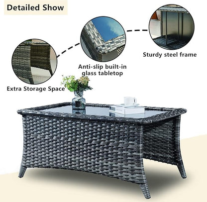 Outdoor Patio Wicker Furniture Set - 6 Piece Rattan Patio Conversation Sectional Sofa Set with 1 Couch,2 Armchairs,2 Ottomans and 1 Glass Top Coffee Table for Porch Deck Garden(Mixed Grey/Red)