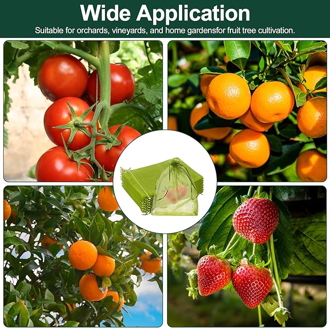 100Pcs Fruit Protection Bags, Green Drawstring Mesh Netting Covers, 3.9X5.9Inch Pest Barrier for Strawberry, Tomato, Blueberry & Small Fruits Vegetables Garden