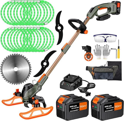 13-Inch String Trimmer Cordless,(2 x 21V 6.0Ah Batteries & Charger), Trimmer/Edger/Lawn Mower/Brush Cutter 4-in-1, Electric Weed Wacker with 2x2 Mowing Grass System, 3 Cutting Methods