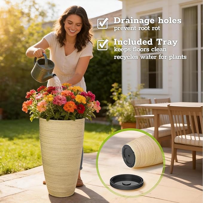 ZMTECH 2-Pack Large Tall Planters with Saucer - 6.8 Gallons /12x21 Inch Faux Stone Finish Round Flower Pots for Indoor Plants, Outdoor Patio & Porch Decor, Unbreakable Plant Containers Beige