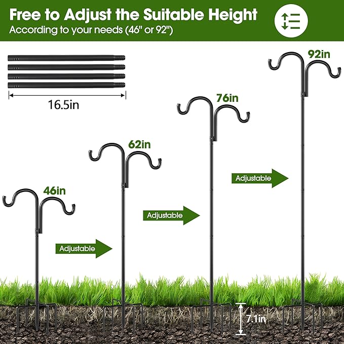 Double Shepherds Hooks for Outdoor, 92" Heavy Duty Bird Feeder Pole with 5 Prong Base, Adjustable Shepherds Hook for Bird feeders Outside, Garden, Weddings, Hanging Plants, 2 Pack, Black