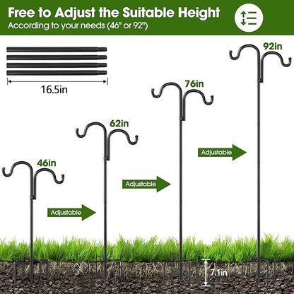 Double Shepherds Hooks for Outdoor, 92" Heavy Duty Bird Feeder Pole with 5 Prong Base, Adjustable Shepherds Hook for Bird feeders Outside, Garden, Weddings, Hanging Plants, 2 Pack, Black