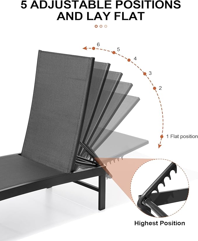 Crestlive Products 2PCS Chaise Lounge Chairs Outdoor with 1PC Side Table, Aluminum Patio Lounge Set, Adjustable Five-Position Recliner for Beach, Pool, Sunbathing, Lawn, Yard