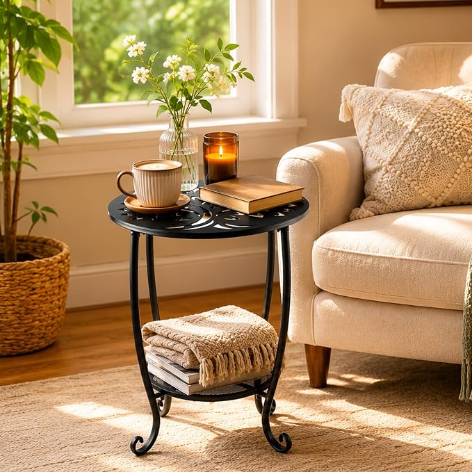 2-Tier Metal Round Side Table Black Accent Coffee Tables Small Space Corner Plant Stand Shelf for Indoor Outdoor Porch Patio Balcony Living Room End Table with Storage, Rust-Proof