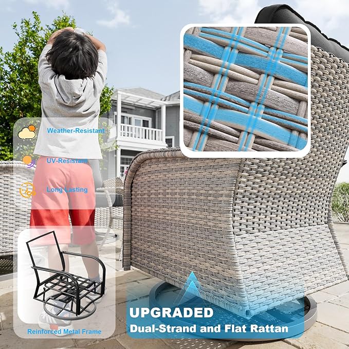 12-Piece Small Patio Furniture Set, Outdoor Swivel Rocking Chairs Set with 55,000 BTU Fire Pit Table Wicker Chairs and Ottomans, Patio Bistro Set for Balcony, Deck, Porch, Black