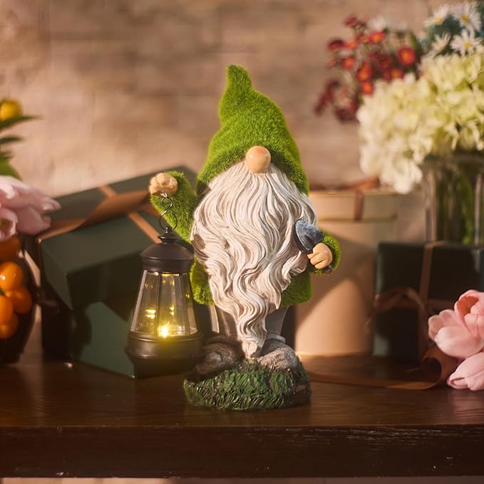 TERESA'S COLLECTIONS Christmas Outdoor Statue for Home, Resin Gnome Decorations with Solar Outdoor Lights for Garden Decor,Green Garden Sculptures & Statues for Front Patio Lawn, Gifts for Mom,12"