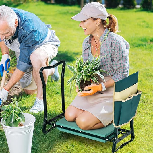 Goplus Garden Kneeler and Seat, Heavy-Duty Garden Bench w/Large Tool Pouch, Widen EVA Foam Kneeling Pad, Portable Gardening Gift for Women Men Seniors, Foldable Garden Stool for Kneeling & Sitting
