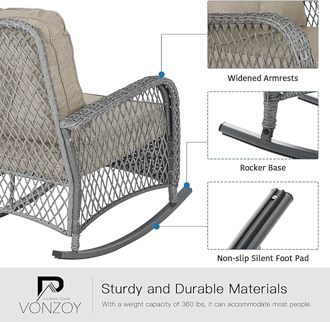 Patio Furniture Set 3 Pieces, Rocking Bistro Set with Thick Cushions, Grey Wicker Outdoor Rocker Chairs and Coffee Table for Porch, Backyard or Garden (Grayish White)