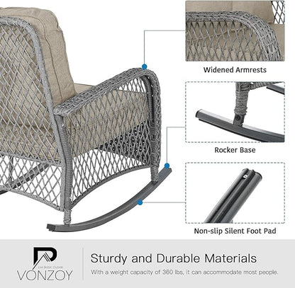 Patio Furniture Set 3 Pieces, Rocking Bistro Set with Thick Cushions, Grey Wicker Outdoor Rocker Chairs and Coffee Table for Porch, Backyard or Garden (Grayish White)