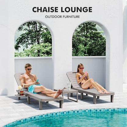 WACASA Outdoor Chaise Lounge Chairs Set of 2, Oversized Lounge Chairs with 5-Level Adjustable Backrest & Cup Holder, Resin Waterproof Pool Lounge Chair for Poolside, Patio, Beach, Yard, Gray