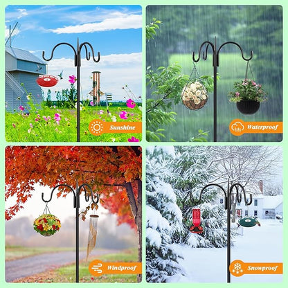 FEED GARDEN Heavy Duty Shepherds Hook 76" Triple Hooks - Metal 5-Prong Base, Adjustable (44/60/76") - 17lb Capacity Bird Feeder Pole for Hanging Plants, Solar Lanterns, Wind Chimes, 1 Pack