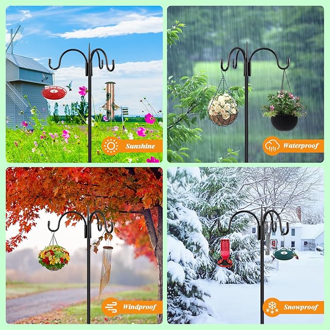 FEED GARDEN Heavy Duty Shepherds Hook 92" Triple Hooks - Metal 5-Prong Base, Adjustable (44/60/76/92") - 15lb Capacity Bird Feeder Pole for Hanging Plants, Solar Lanterns, Wind Chimes, 1 Pack