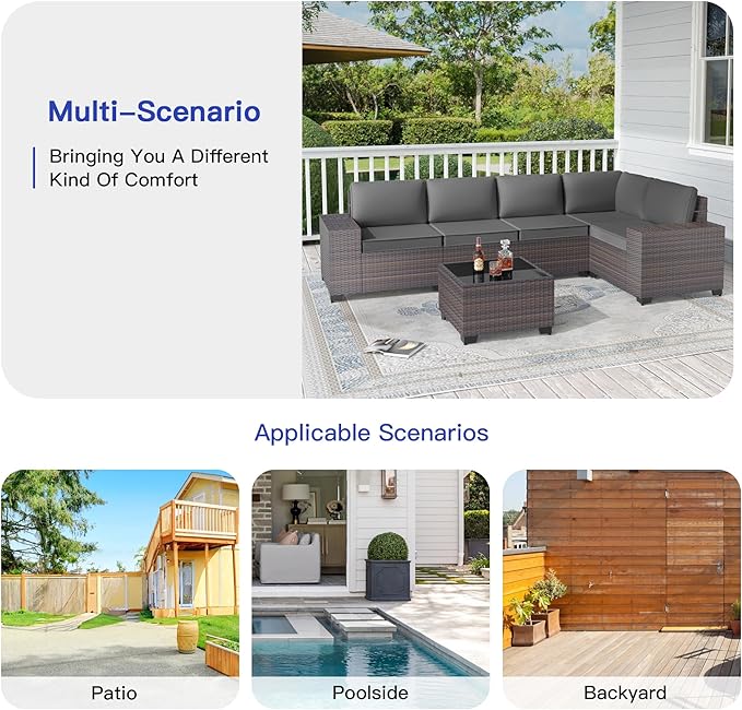 6PCS Outdoor Patio Furniture Set,PE Rattan Wicker Patio Conversation Set with Washable Cushions & Glass Coffee Table,Patio Sectional Furniture Set for Garden, Poolside, Backyard,Grey