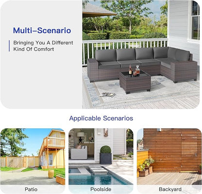 6PCS Outdoor Patio Furniture Set,PE Rattan Wicker Patio Conversation Set with Washable Cushions & Glass Coffee Table,Patio Sectional Furniture Set for Garden, Poolside, Backyard,Grey