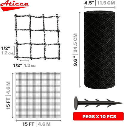 ATICCA Heavy Duty Bird Netting for Garden Protection & Fruit Trees, 15x15 Ft with 10 Stakes – Black Anti-Bird Net for Poultry, Deer, & Squirrel Protection, Durable Nylon Mesh for Garden and Yard Use