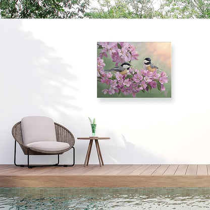 Outdoor Canvas Art - Jeff Hoff 'Spring Glow Chickadees' Wall Art for Outdoor Spaces, Patios, or Gardens by Trademark Fine Art