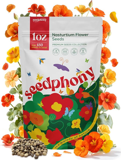 Seedphony Nasturtium Seeds Pack 1 oz - 180 Non-GMO Heirloom Nasturtium Seeds for Planting, Perennial Flowers in Waterproof Seed Packet, Wildflower Seeds for Planting Garden Indoor & Outdoor Gardening