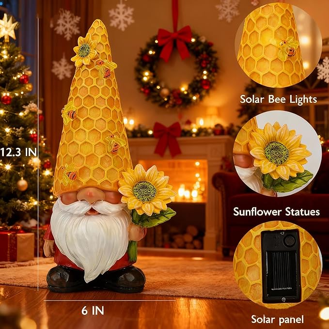 12.3''Garden Gnomes Outdoor Statues Clearance for Garden Decor with Solar Bee Lights,Christmas Decorations Gnomes Outside Decor - Sunflower Gift for Women Mom,Yard Art Ornament for Patio Lawn