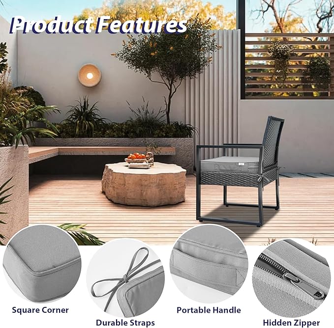 Outdoor Chair Cushions Set of 4 -Waterproof Outdoor Seat Cushions for Patio Furniture, Patio Chair Cushion with Handle and Ties, Square Out Door Chair Pads,17" x 16" x 2", Grey