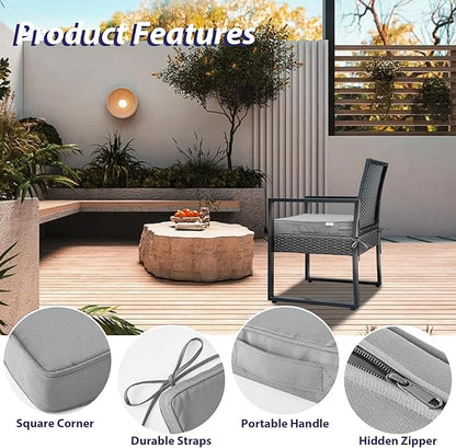 Outdoor Chair Cushions Set of 4 -Waterproof Outdoor Seat Cushions for Patio Furniture, Patio Chair Cushion with Handle and Ties, Square Out Door Chair Pads,18.5" x 16" x 3", Grey