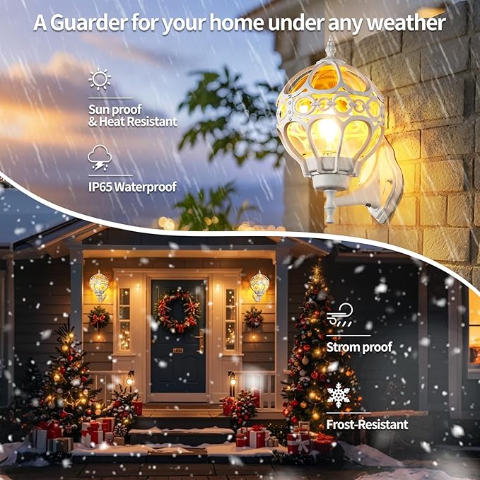 Globe Outdoor Wall Lights with Dusk to Dawn Sensor,Waterproof White Sphere Outside Wall Light Fixtures, Anti-Rust Exterior Aluminum Round Porch Lights for Patio Porch Backyard Garage，Large