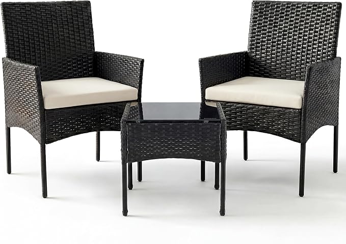 Sweetcrispy 3 Piece Patio Furniture Set, All-Weather Outdoor Conversation with Removable Cushions & Tempered Glass Table, Small Wicker Bistro Set for Balcony, Porch, Backyard, Deck, Black