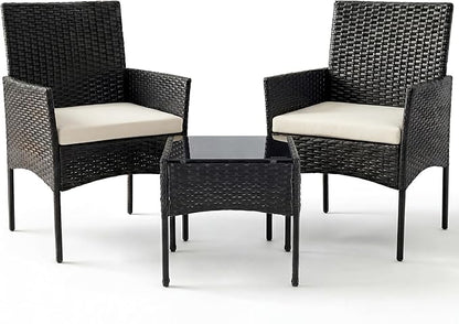 Sweetcrispy 3 Piece Patio Furniture Set, All-Weather Outdoor Conversation with Removable Cushions & Tempered Glass Table, Small Wicker Bistro Set for Balcony, Porch, Backyard, Deck, Black