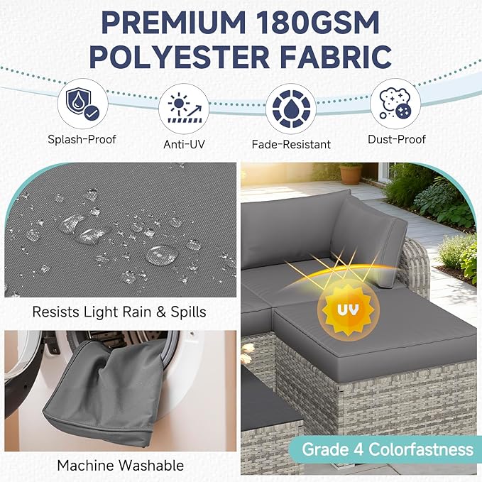 HOMREST Outdoor Sectional Cushions Set of 9, Waterproof Patio Furniture Cushions for 4-Seat Rattan Wicker Sofa, Deep Seat Couch Cushions with Non-Slip Bottom & Machine Washable Covers,Gray