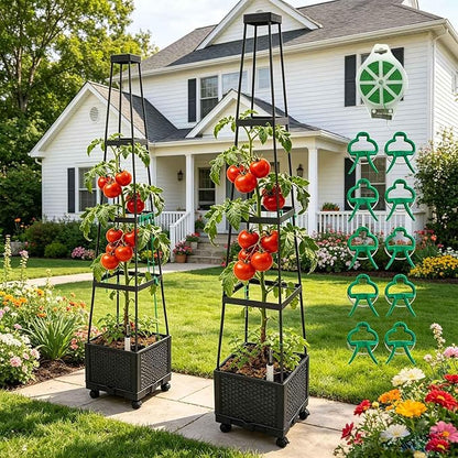 Movable Raised Garden Bed Tomato Planter Box with Trellis and Universal Wheel Self-Watering Garden Beds Outdoor for Vegetables 2-Pack
