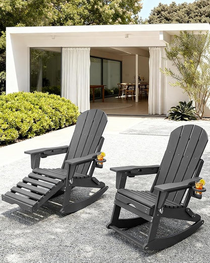 Adirondack Rocking Chairs Set of 2 with Retractable Ottoman, All Weather Folding Adirondack Chair with Two Cup Holders, Adirondack Outdoor Rocking Chairs for Porch, Patio, Balcony. Grey