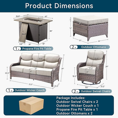 Luxury High Back Outdoor Furniture 6-Inch Thick Cushions with 50,000 BTU Gas Propane Fire Pit Tablet, Patio Furniture Set with Swivel Chairs, 6 PCS for Porch, Balcony, Deck and Yard