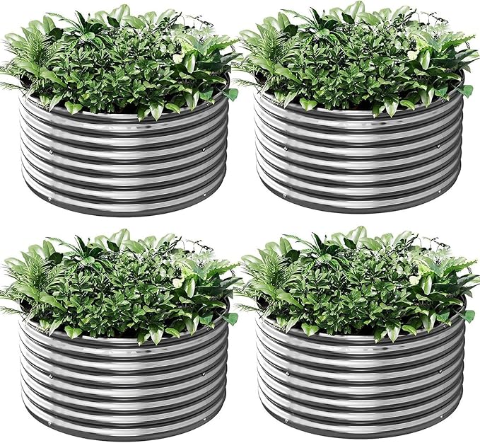 4 Pack Round Galvanized Raised Garden Bed Outdoor, Metal Garden Bed for Vegetables, Above Ground Garden Box for Flower, Steel Raised Beds for Gardening - 3FT