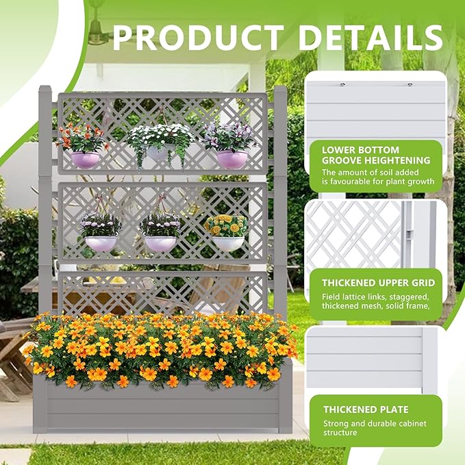 Vixzen 59" Tall Raised Garden Bed,Outdoor Large Resin Planter Box with Trellis and Drain Plug for Climbing Plants,Easy to Assemble,Water Monitor Grey, 43.43"×18.27"×59.29"