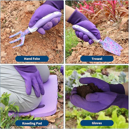 Purple Garden Tool Sets 10-Piece, Aluminum Alloy Steel Hand Tools w/Non-Slip Ergonomic Handle, Floral Print Garden Supplies Organizer Handbag, Cute Gardening Tools Gift for Women Grandmother