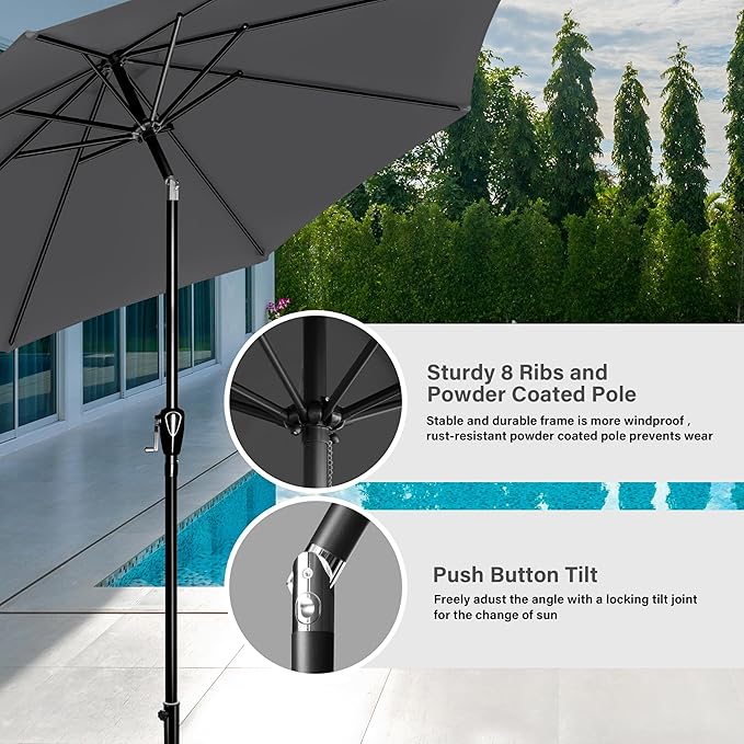 Simple Deluxe 9FT Outdoor Patio Umbrella Table Market Umbrella with Push Button Tilt and Crank and 50lbs Base Stand, for Garden, Lawn, Deck, Backyard, Pool, Grey